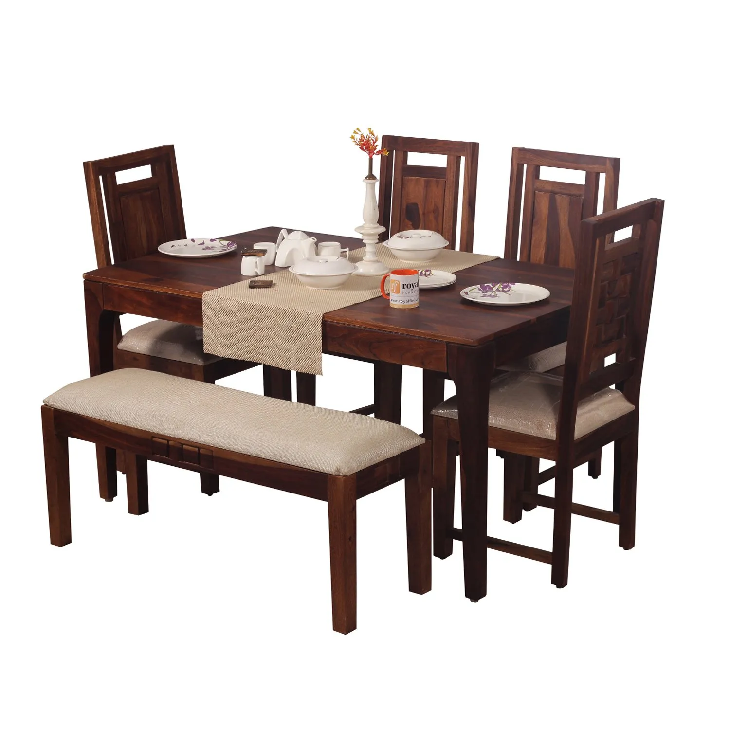 Royal Finish CuisineCraft Nivora 4 Chair & 1 Bench Dining Set in Natural sheesham dining table image 7
