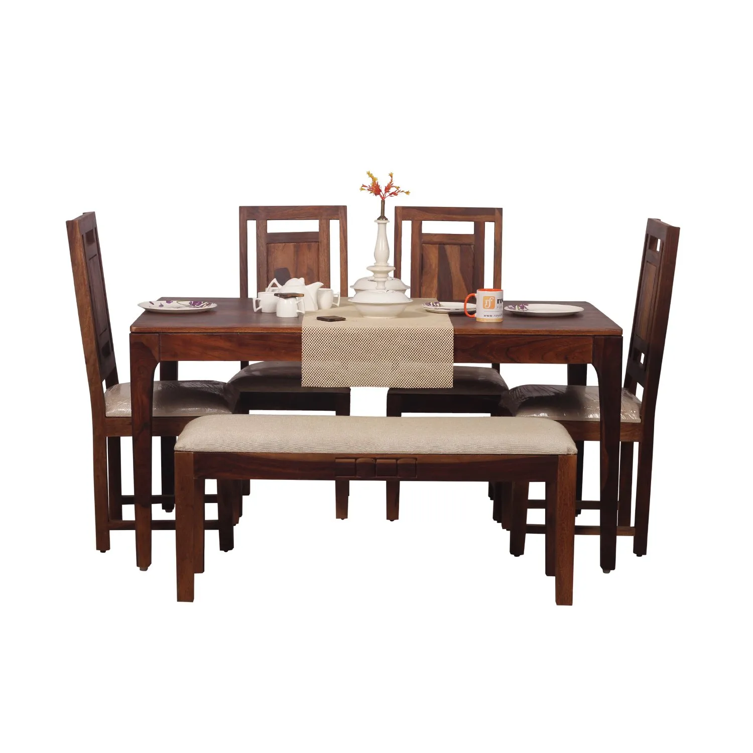Royal Finish CuisineCraft Nivora 4 Chair & 1 Bench Dining Set in Natural sheesham dining table image 9