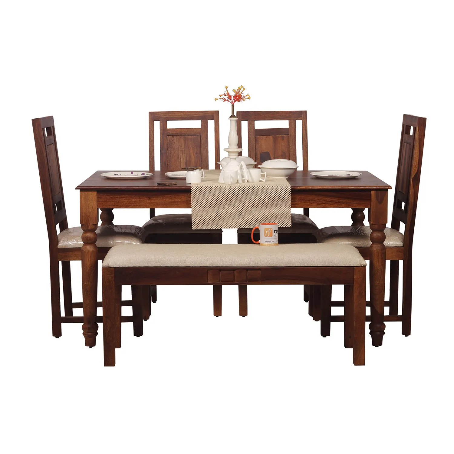 Royal Finish Artisan Nivora 4 Chair & 1 Bench Dining Set in Natural Colour sheesham dining table image 2