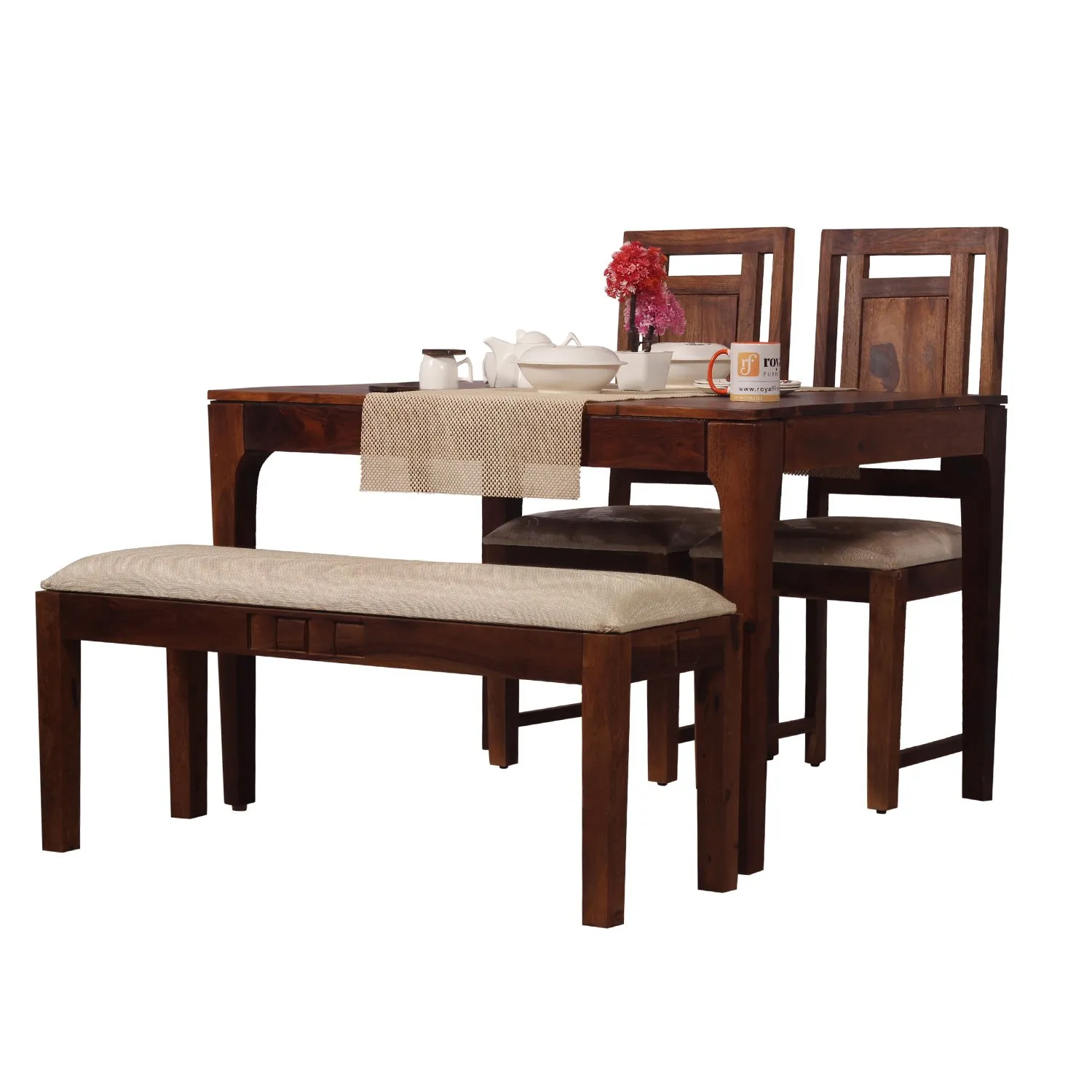 Royal Finish CuisineCraft Nivora 2 Chair & 1 Bench Dining Set in Natural Colour sheesham dining table image 4