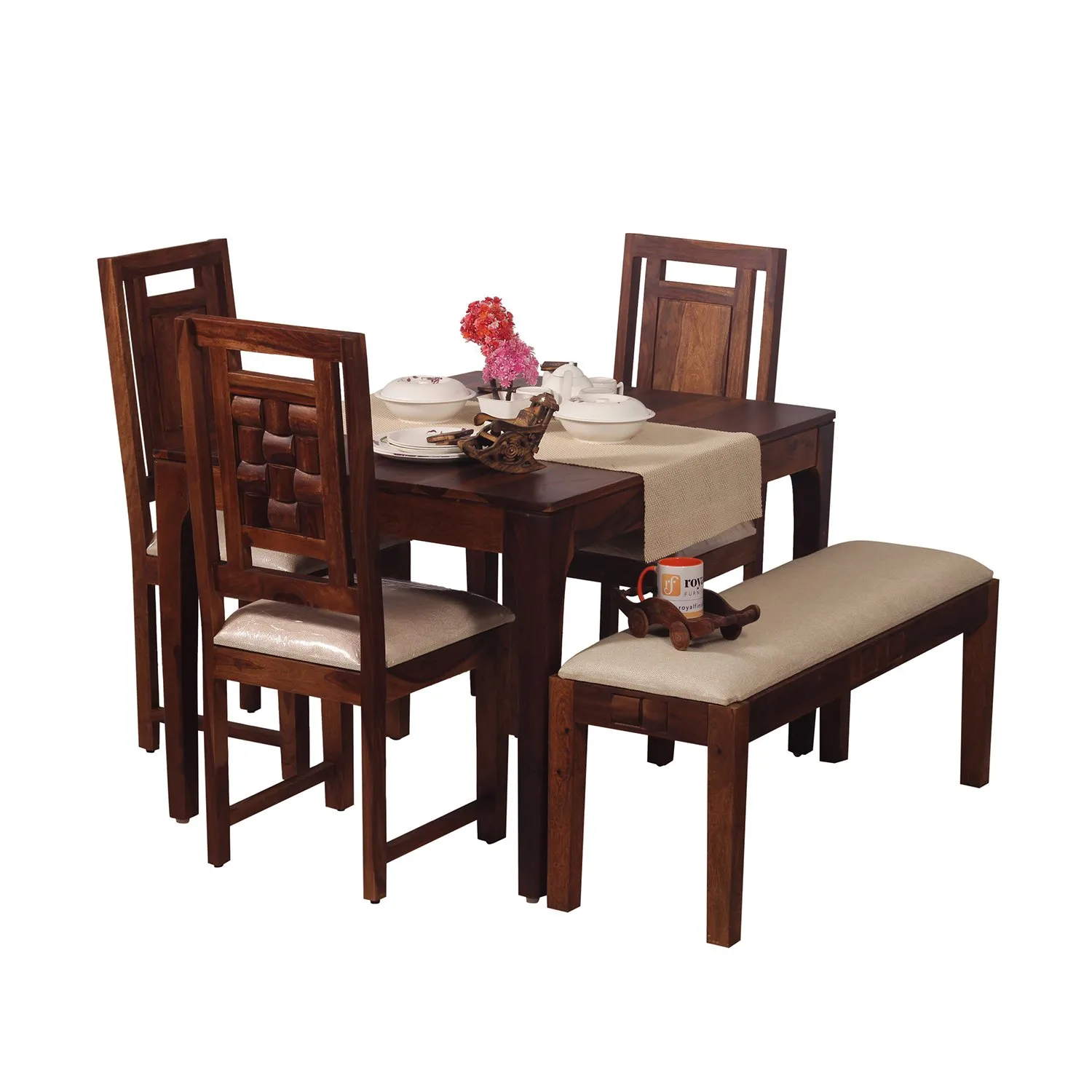 Royal Finish CuisineCraft Nivora 3 Chair & 1 Bench Dining Set in Natural Colour sheesham dining table image 2