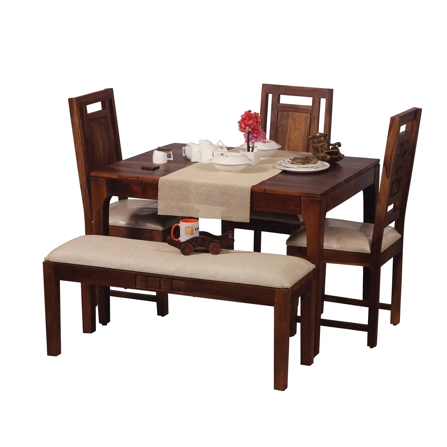 Royal Finish CuisineCraft Nivora 3 Chair & 1 Bench Dining Set in Natural Colour sheesham dining table image 5