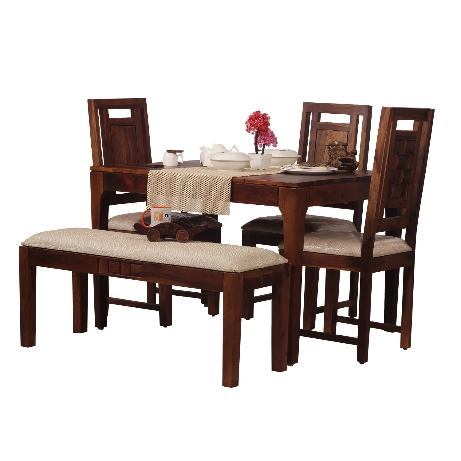 Royal Finish CuisineCraft Nivora 3 Chair & 1 Bench Dining Set in Natural Colour sheesham dining table image 7