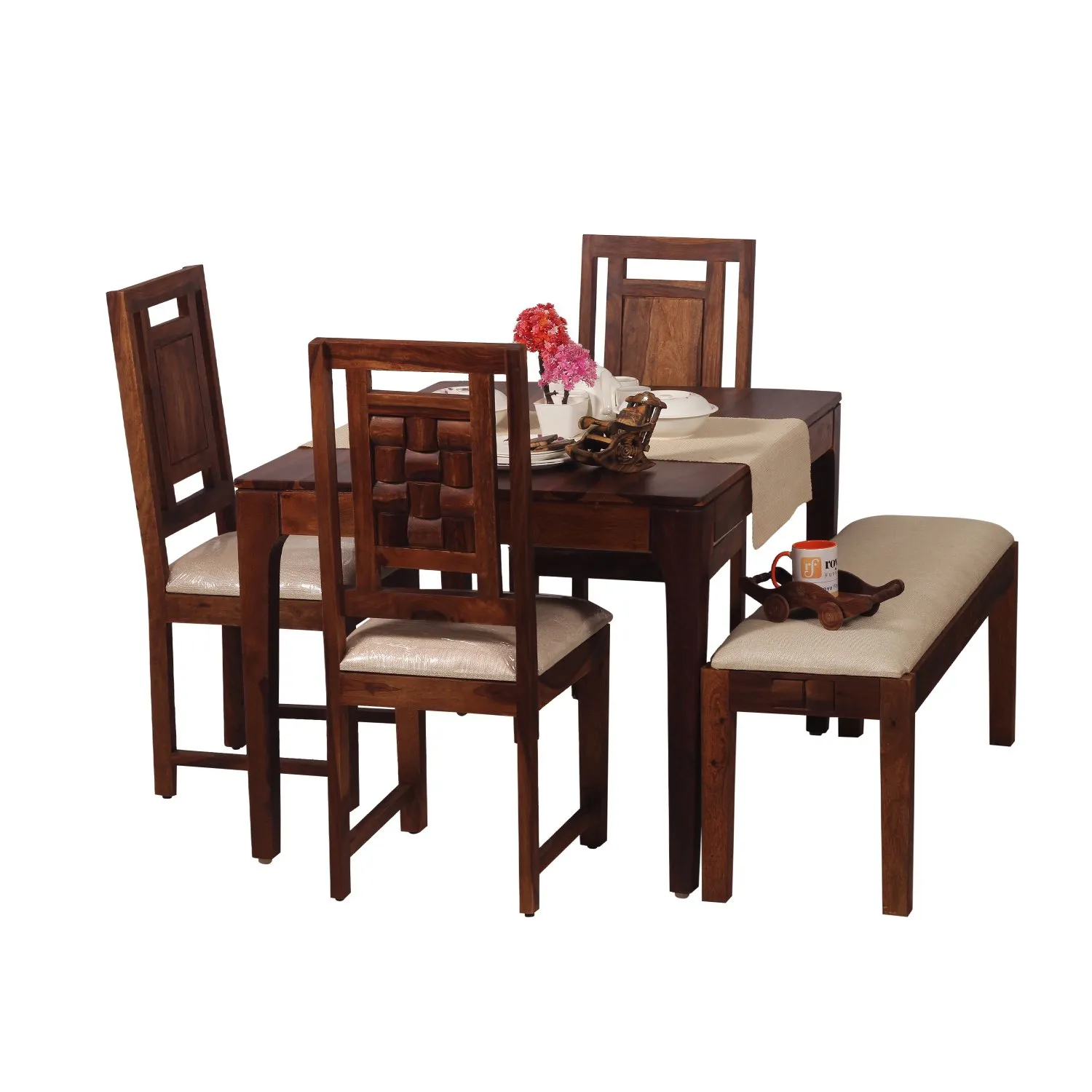 Royal Finish CuisineCraft Nivora 3 Chair & 1 Bench Dining Set in Natural Colour sheesham dining table image 9