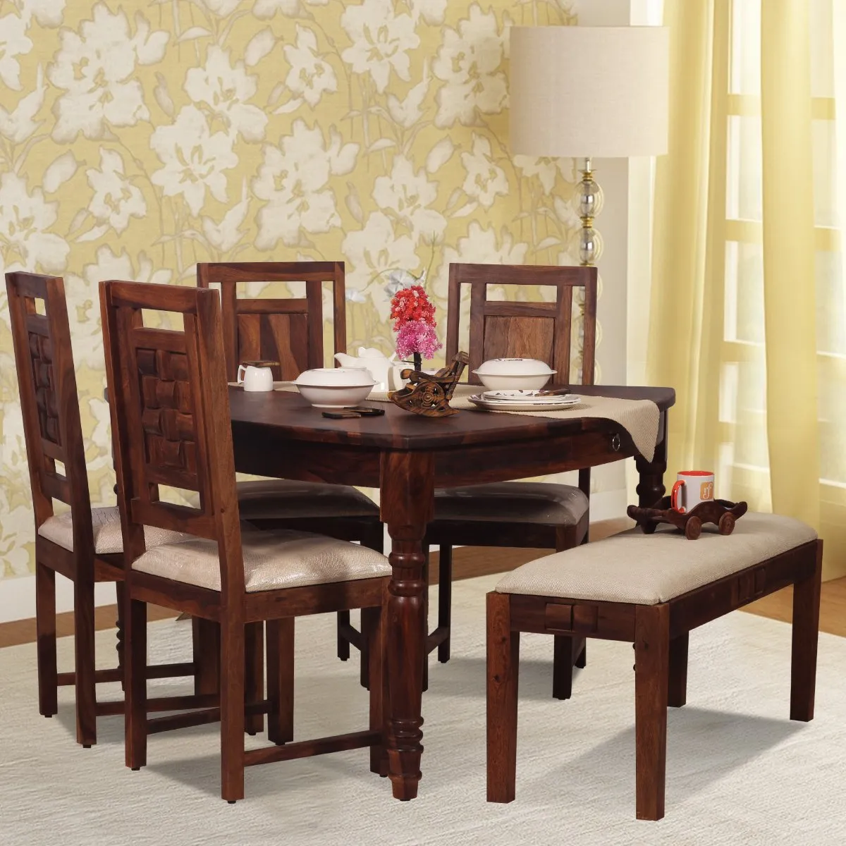 Royal Finish Betel Quid Nivora 4 Chair & 1 Bench Dining Set in Natural Colour sheesham dining table image 2