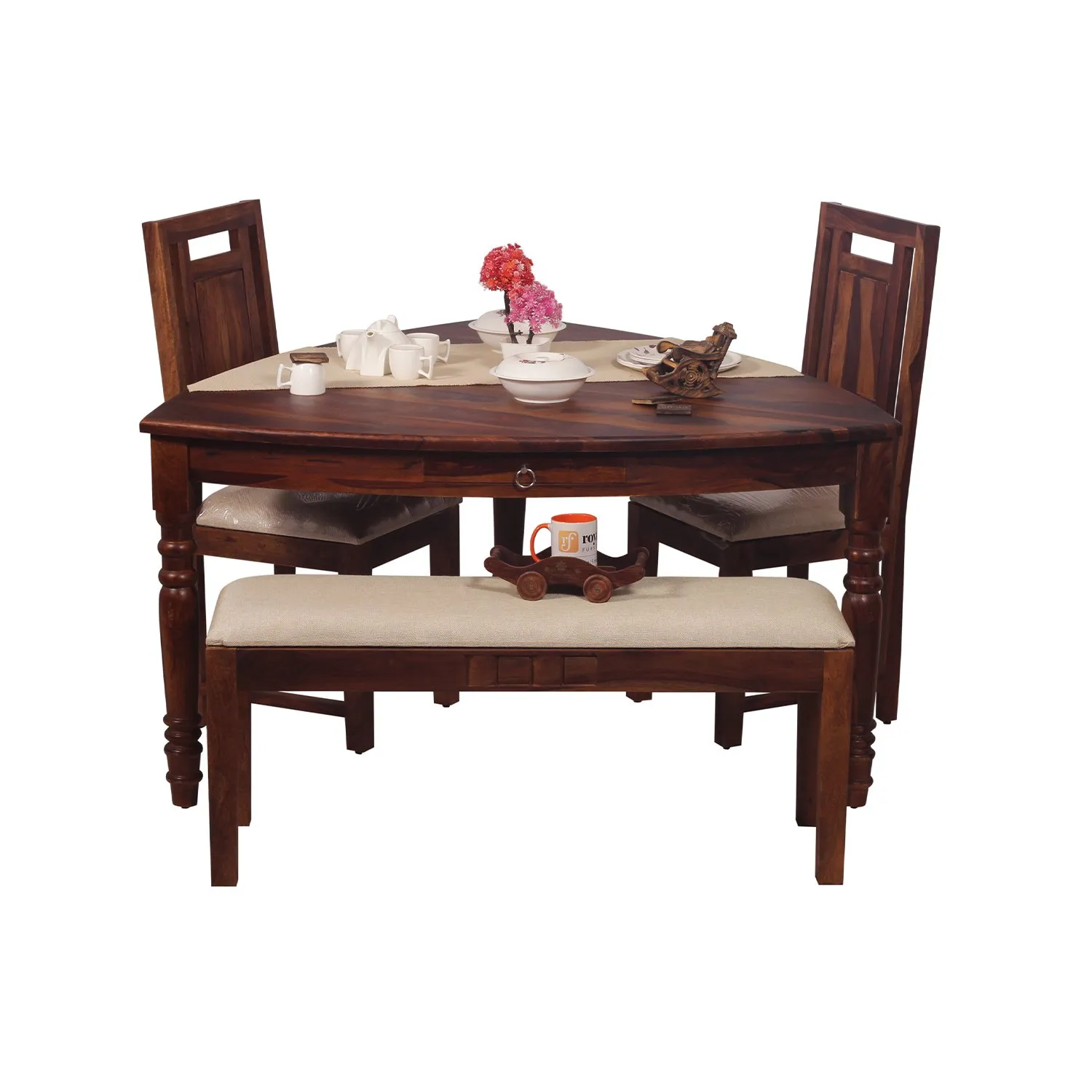 Royal Finish Betel Quid Nivora 2 Chair & 1 Bench Dining Set in Natural Furniture sheesham dining table image 6