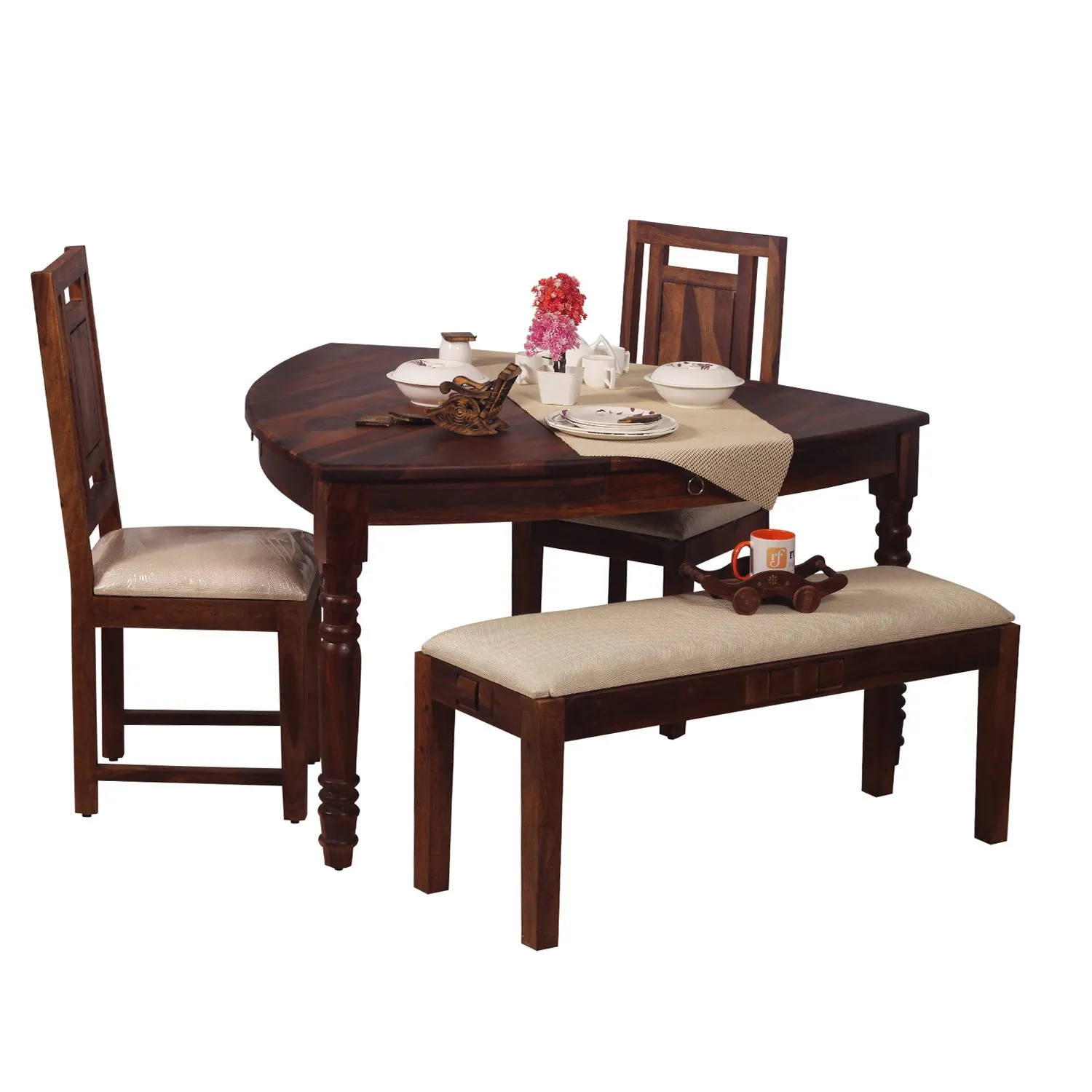 Royal Finish Betel Quid Nivora 2 Chair & 1 Bench Dining Set in Natural Furniture sheesham dining table image 9