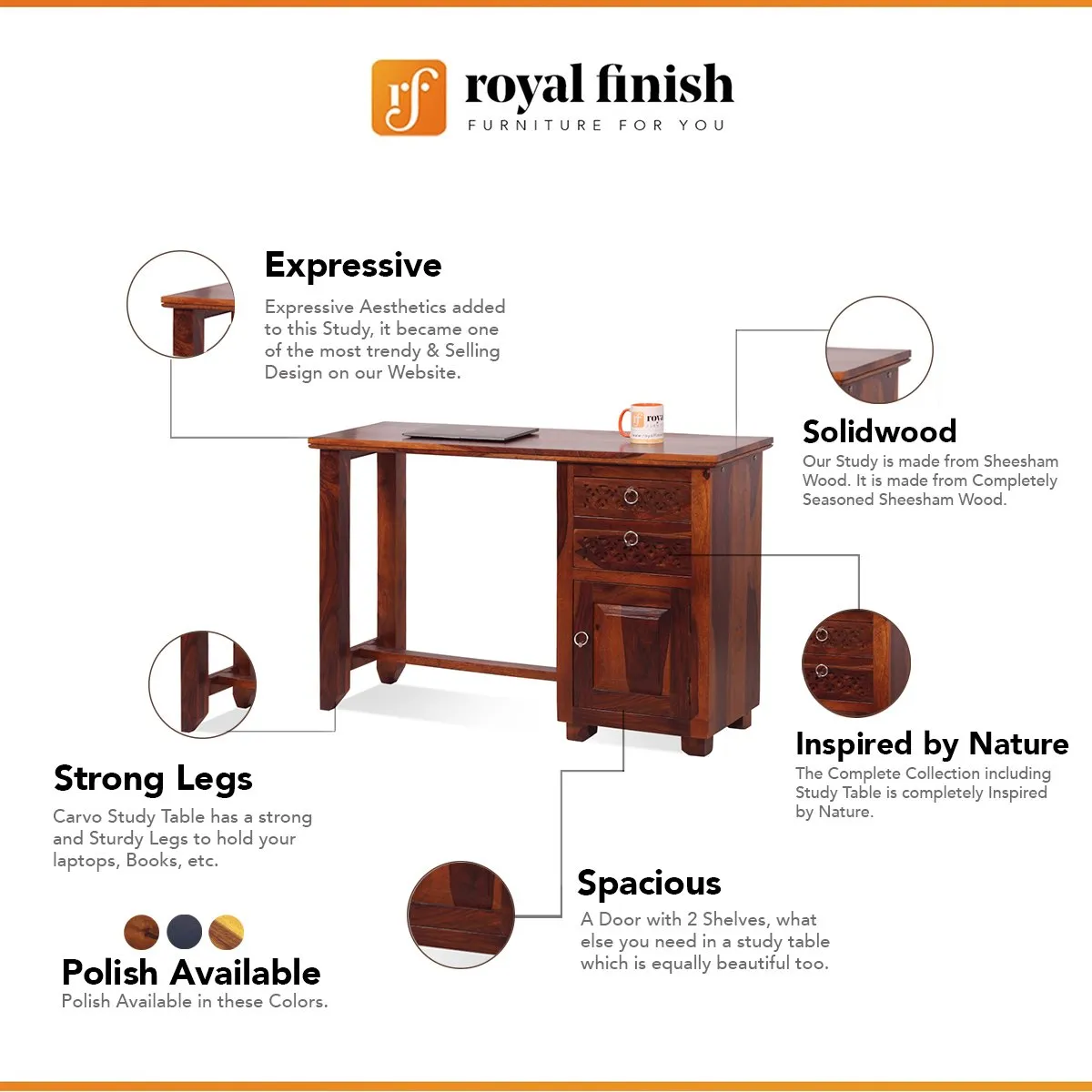 Royal Finish Carvo design Study Table in Natural Colour in Sheesham Wood wooden study table image 2