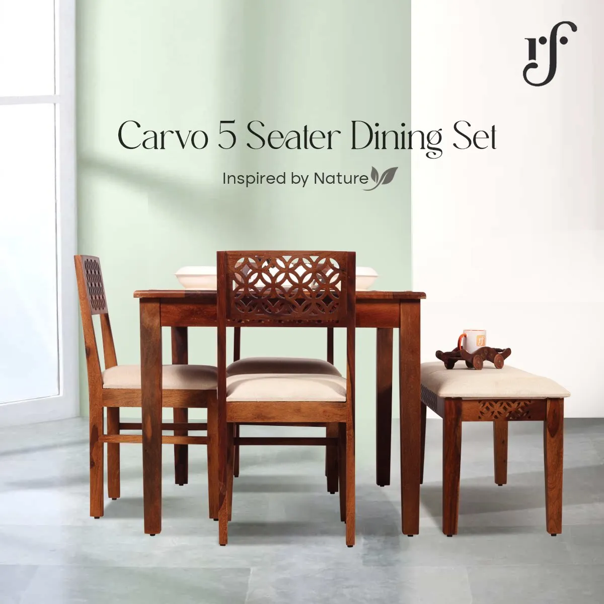 Royal Finish Carvo 3 Chair & 1 Bench Dining Set in Natural Colour in Sheesham