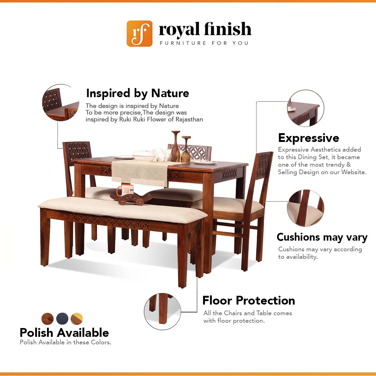 Royal Finish Carvo 3 Chair & 1 Bench Dining Set in Natural Colour in Sheesham sheesham dining table image 2