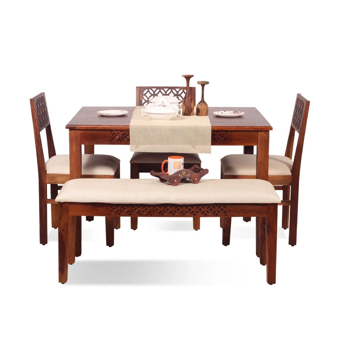 Royal Finish Carvo 3 Chair & 1 Bench Dining Set in Natural Colour in Sheesham sheesham dining table image 12