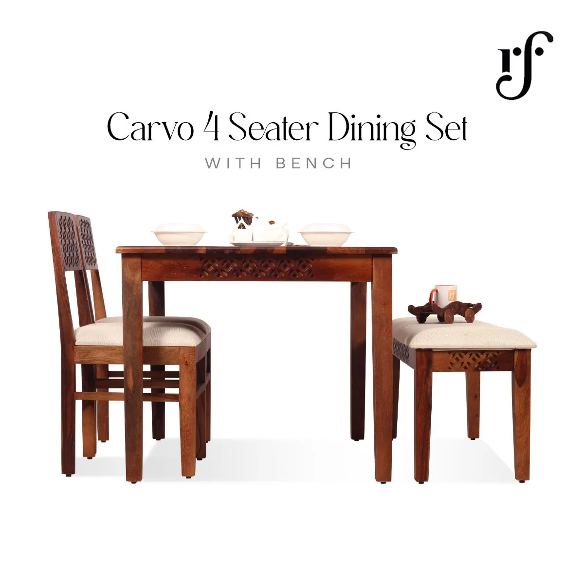 Royal Finish Carvo 2 Chair & 1 Bench Dining Set in Natural Furniture Sheesham sheesham dining table image 4