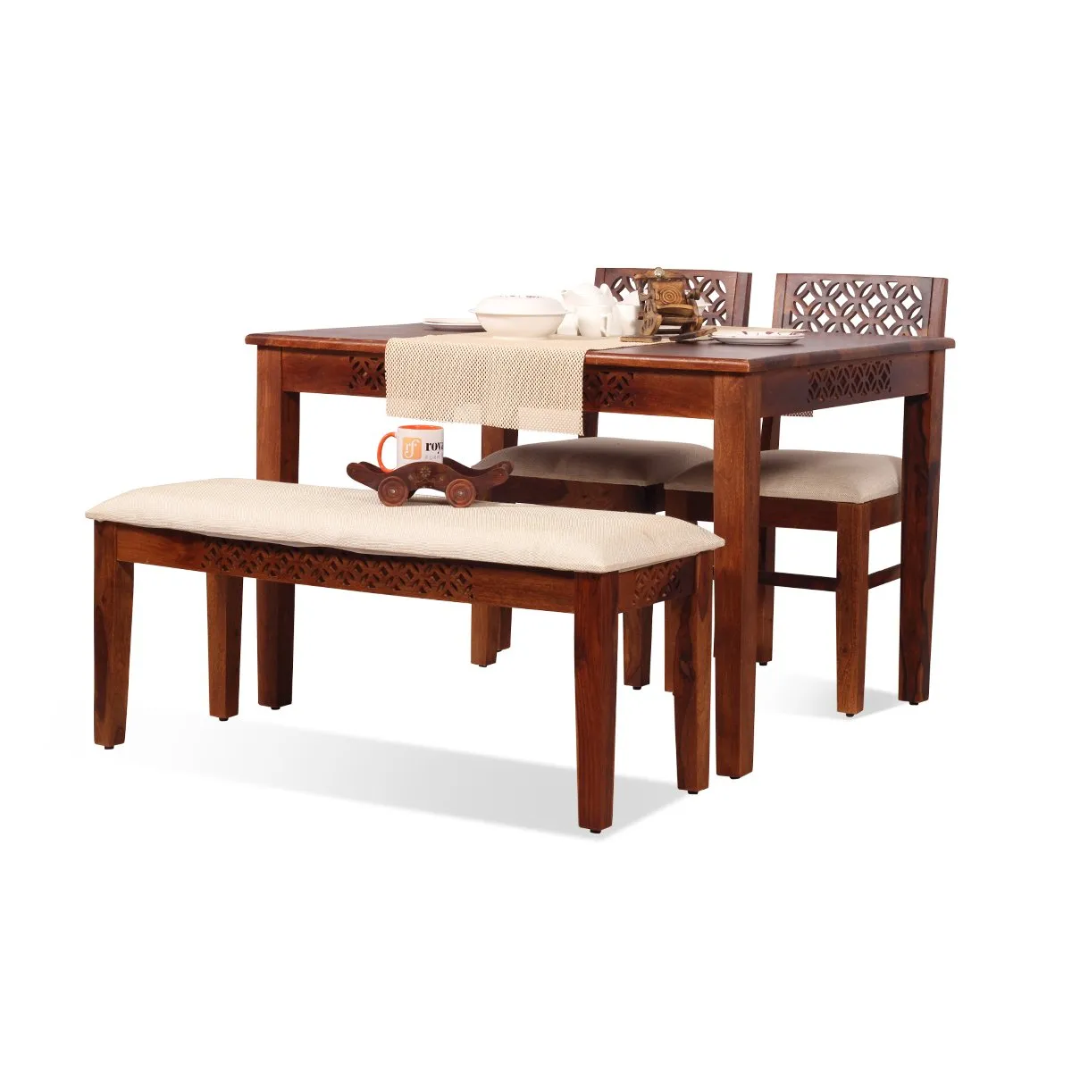 Royal Finish Carvo 2 Chair & 1 Bench Dining Set in Natural Furniture Sheesham sheesham dining table image 6