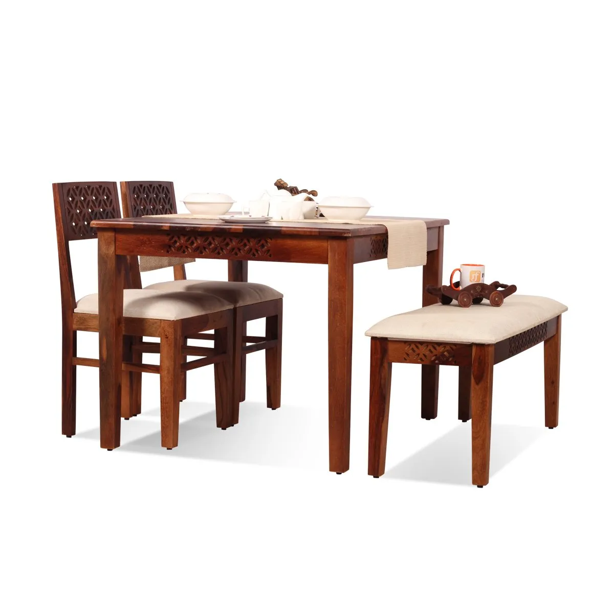 Royal Finish Carvo 2 Chair & 1 Bench Dining Set in Natural Furniture Sheesham sheesham dining table image 7