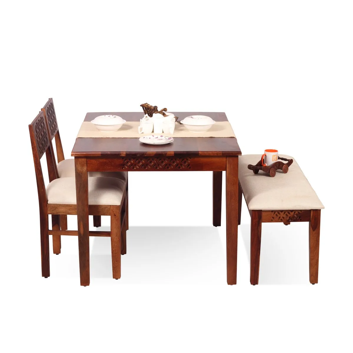 Royal Finish Carvo 2 Chair & 1 Bench Dining Set in Natural Furniture Sheesham sheesham dining table image 9