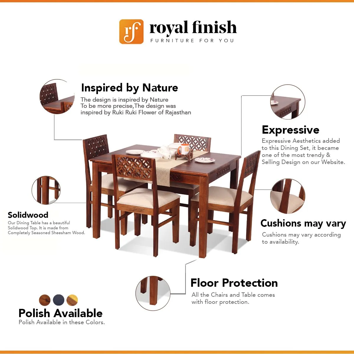 Royal Finish Carvo 4 Seater Dining Set in Natural Furniture Sheesham Wood sheesham dining table image 2