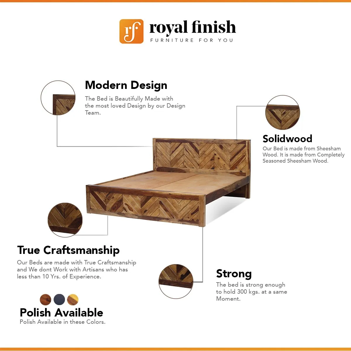 Royal Finish Vesto King Without Storage Bed In Solid Sheesham Wood sheesham wood bed image 2