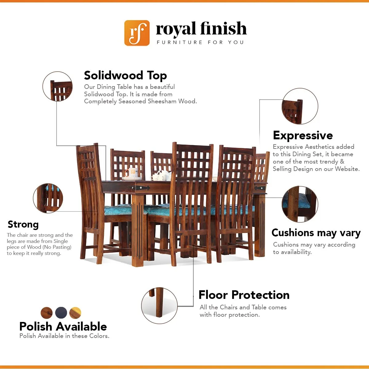 Royal Finish Trileno Vettori 6 Seater Dining Set in Natural Premium Furniture sheesham dining table image 2