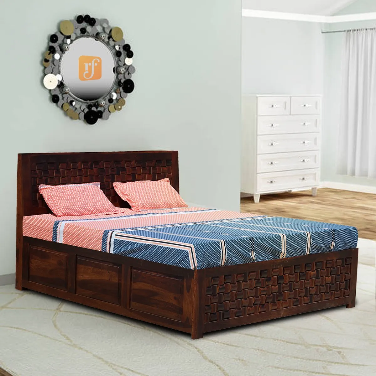Royal Finish Nivora King Size Storage Bed In Solid Sheesham Wood in Matte Finish