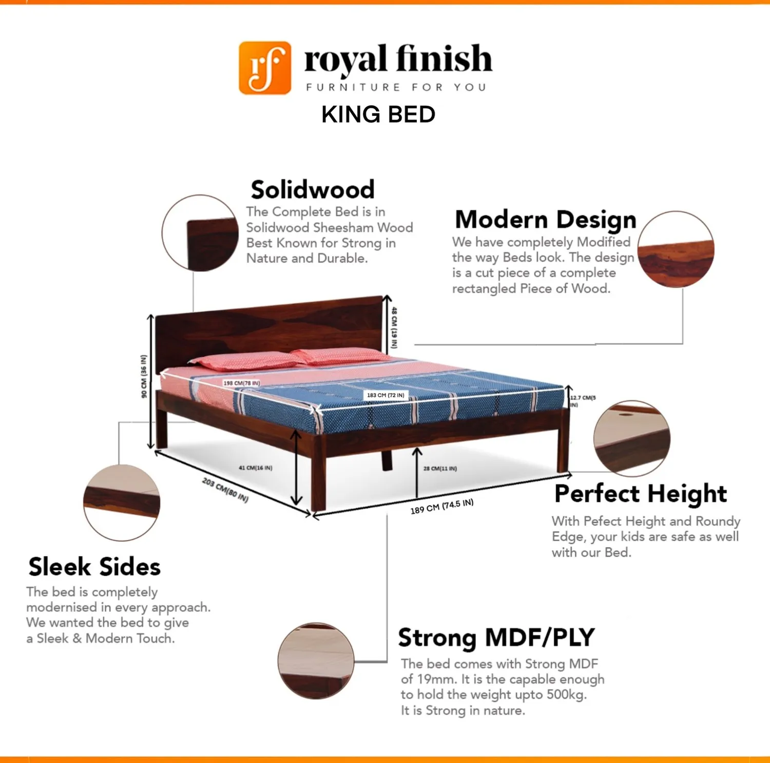 Royal Finish Upexico King Size Without Storage Bed In Solid Sheesham wood sheesham wood bed image 2