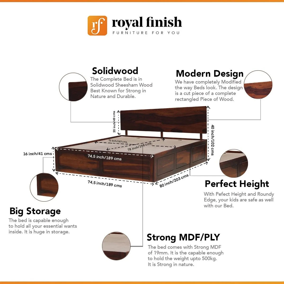 Royal Finish Alfriko King Size Storage Bed In Solid Sheesham wood sheesham wood bed image 2