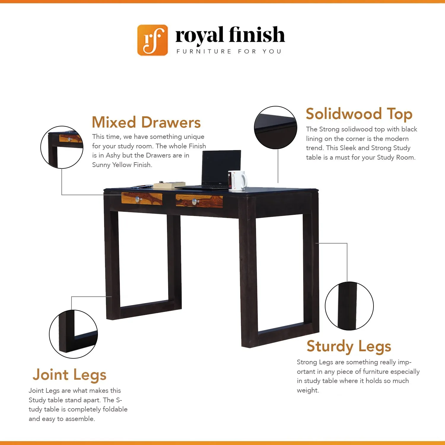 Royal Finish Two Drawer Pecan Minimal Study Table in Funriture Sheesham Wood wooden study table image 2