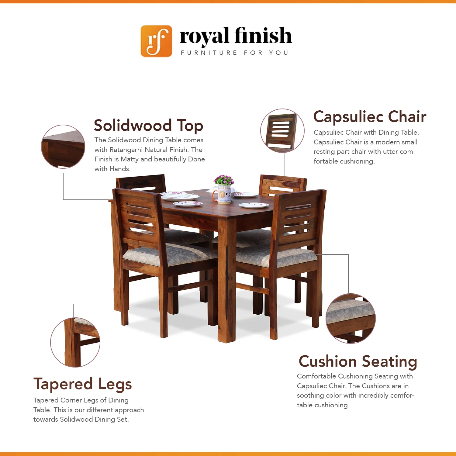 Royal Finish Ecko 4 Seater Dining Set in Natural Premium Furniture Sheesham Wood sheesham dining table image 2