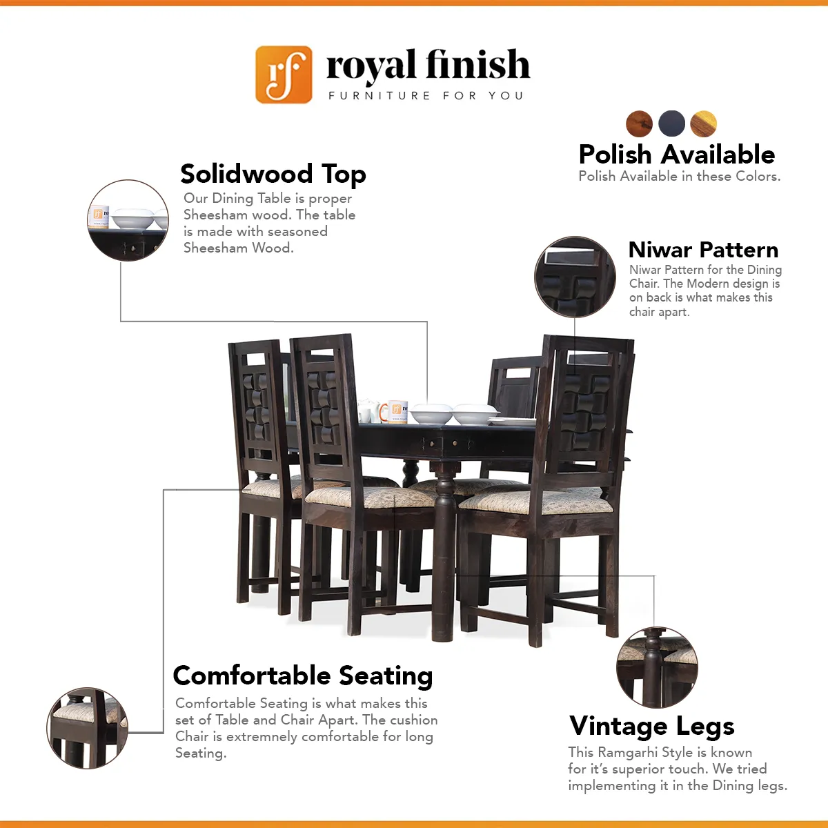 Royal Finish Nivora 6 Seater Dining Set in Carbon Black In Sheesham Wood sheesham dining table image 2