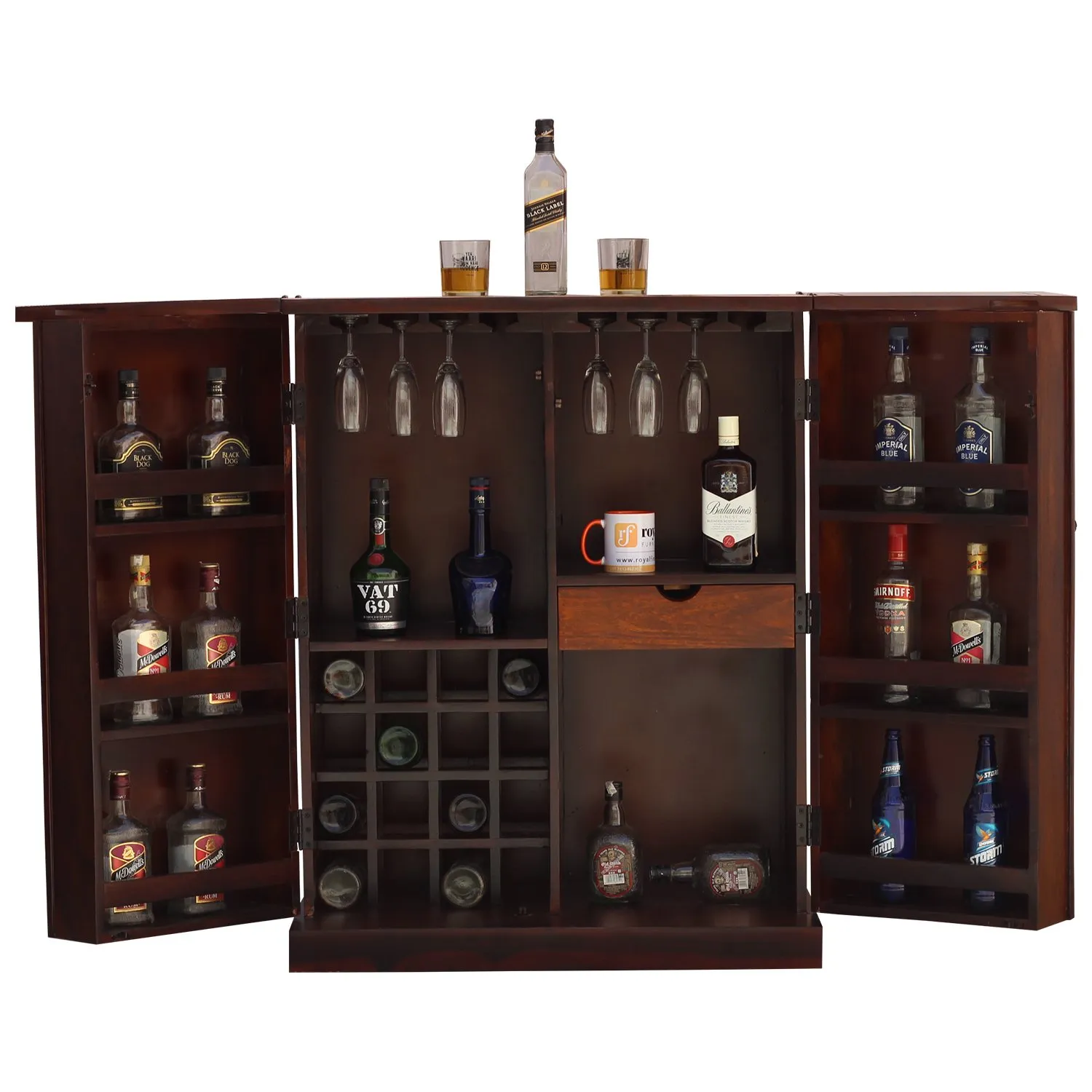 Royal Finish Nivora 2 Door Bar in sheesham with Natural color in Matte polished wooden bar cabinet image 4