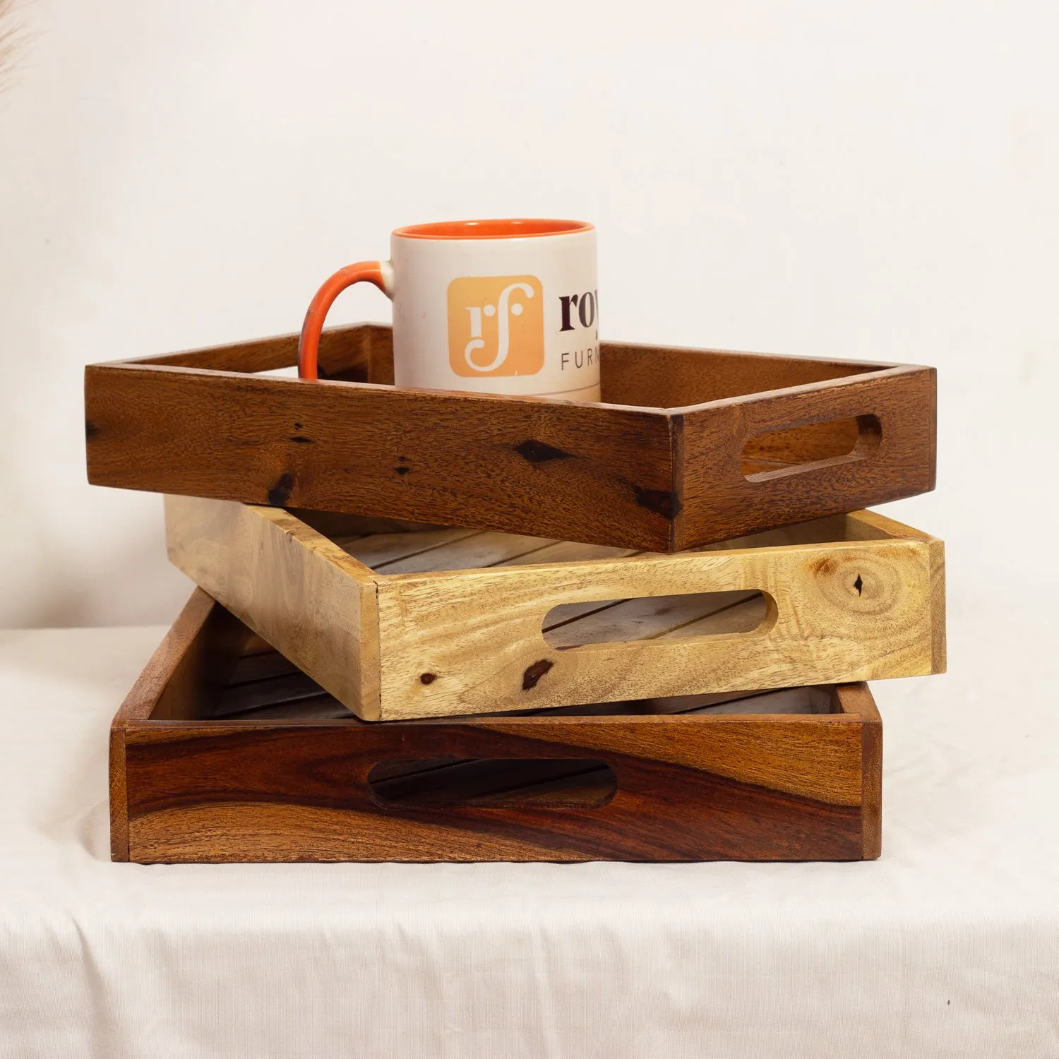Royal Finish Sheesham Wood Serving Tray Set, Natural Colour with Matte Finish sheesham wood furniture image 7