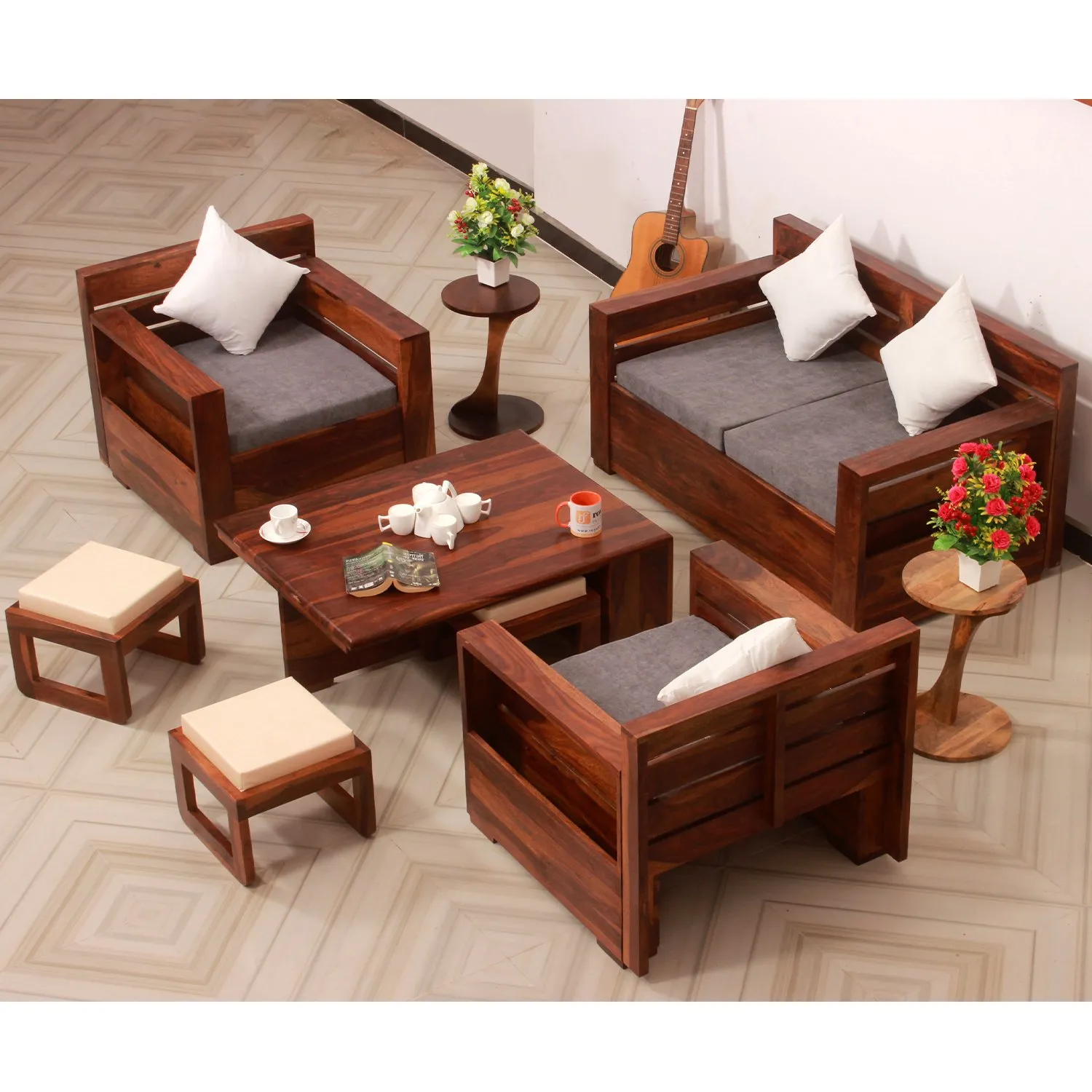 Royal Finish MirageMingle 4 Seater Sofa Set With Cushions(2+1+1) wooden sofa set image 3