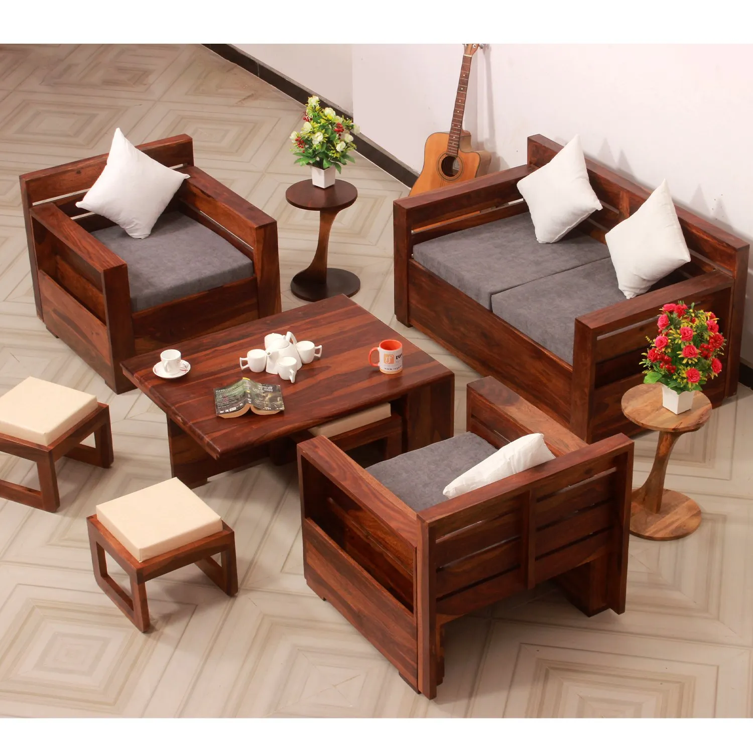 Royal Finish MirageMingle 4 Seater Sofa Set With Cushions(2+1+1) wooden sofa set image 6