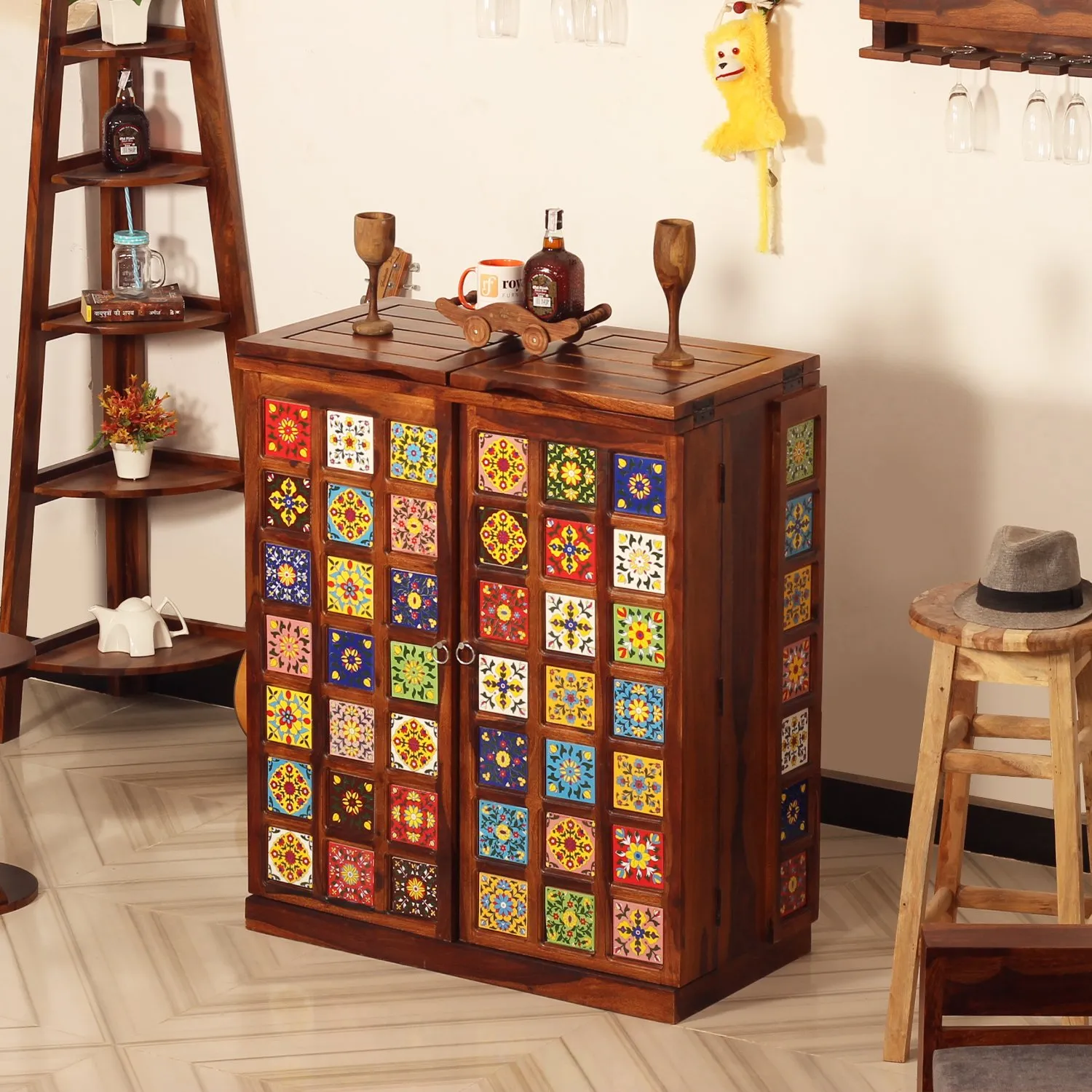 Royal Finish Tielac 2 Door Bar in sheesham with Natural color in Matte polish wooden bar cabinet image 9