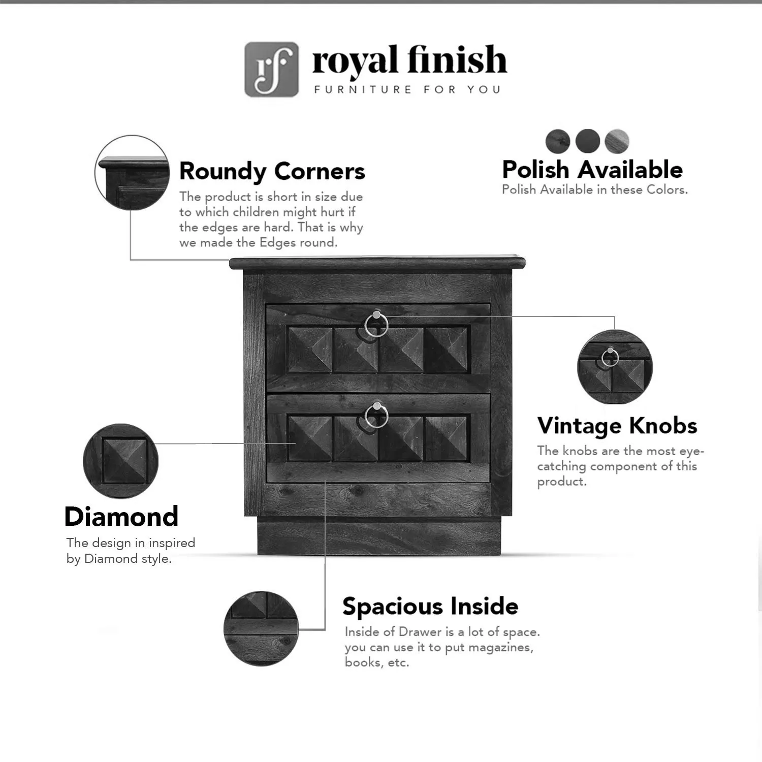 Royal Finish Diamondie Bedside Table In Furniture Sheesham Wood In Natural sheesham wood bed image 2