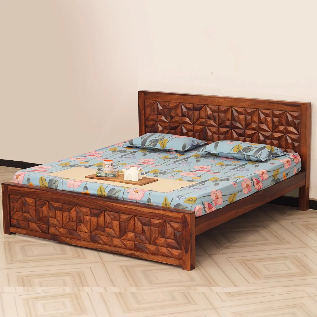 Royal Finish Spinster King Size Bed In Natural Colour With Matte Finished sheesham wood bed image 12