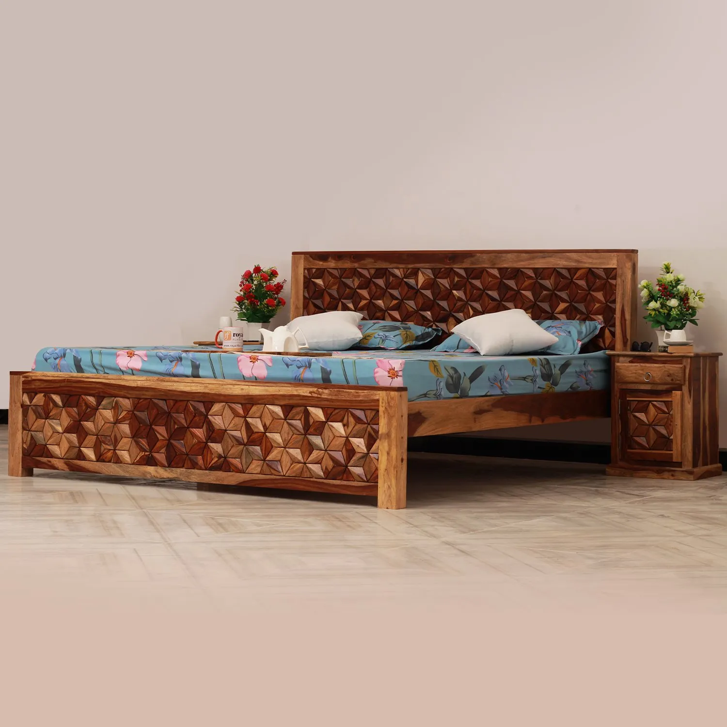Royal Finish New Floresque King Size Bed In Natural Colour With Matte Finish