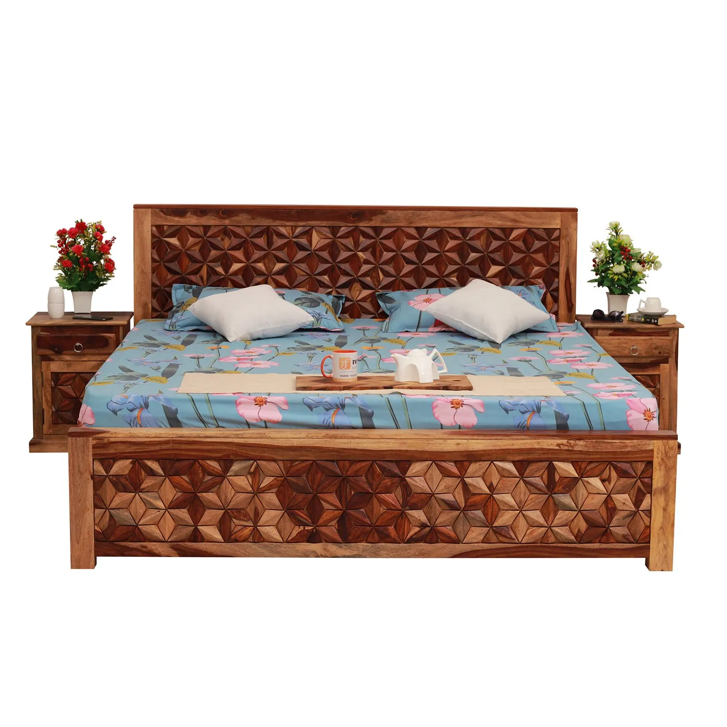 Royal Finish New Floresque King Size Bed In Natural Colour With Matte Finish sheesham wood bed image 4