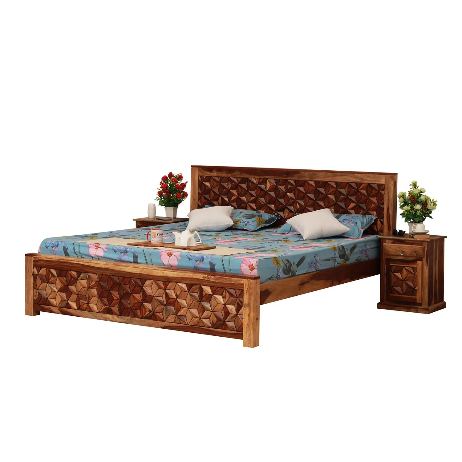 Royal Finish New Floresque King Size Bed In Natural Colour With Matte Finish sheesham wood bed image 5
