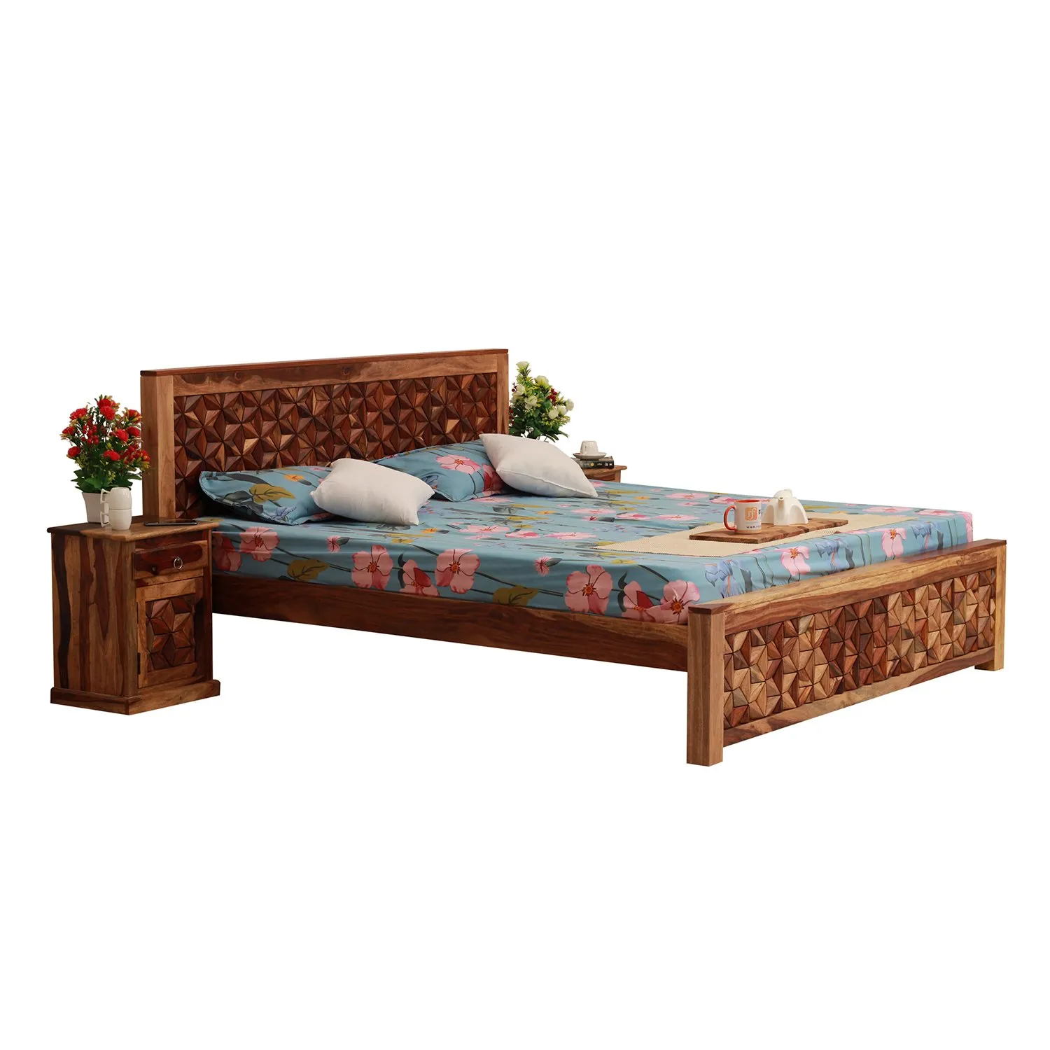 Royal Finish New Floresque King Size Bed In Natural Colour With Matte Finish sheesham wood bed image 9
