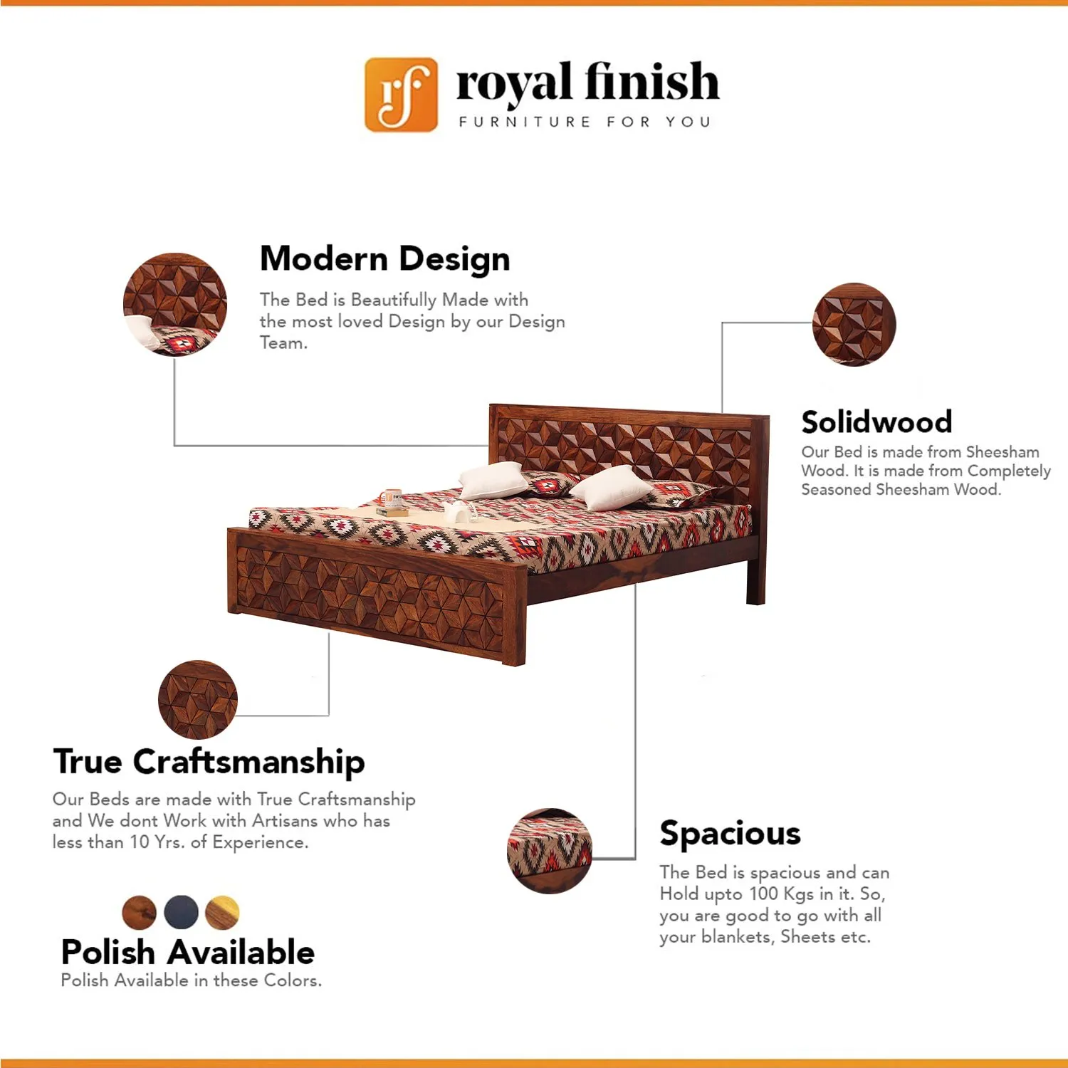 Royal Finish Floresque King Size Bed In Natural Colour With Matte Finish sheesham wood bed image 2