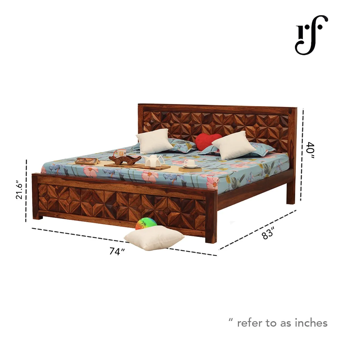 Royal Finish Neo-Floresque King Size Bed In Natural Colour With Matte Finish sheesham wood bed image 3