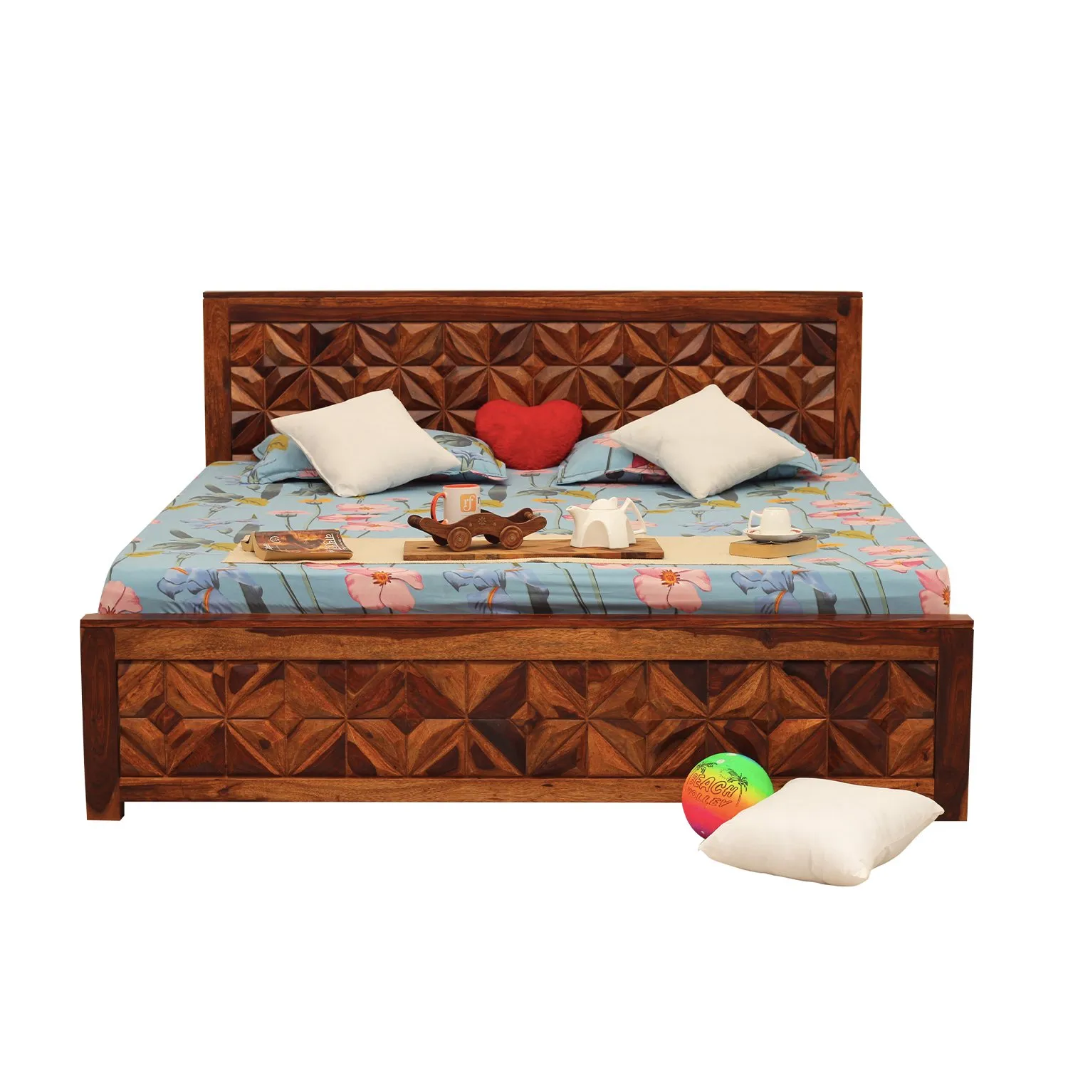 Royal Finish Neo-Floresque King Size Bed In Natural Colour With Matte Finish sheesham wood bed image 5