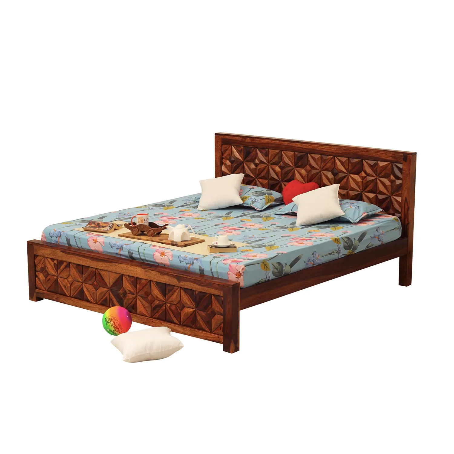 Royal Finish Neo-Floresque King Size Bed In Natural Colour With Matte Finish sheesham wood bed image 10