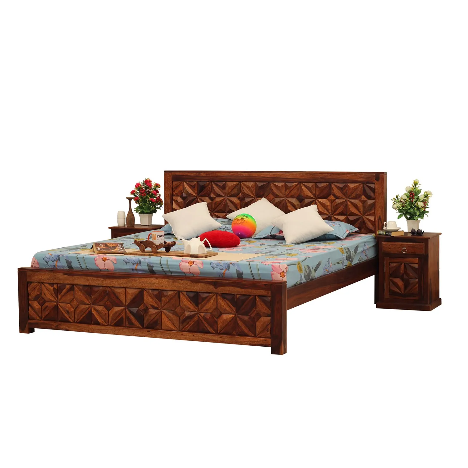 Royal Finish Neo-Floresque King Size Bed In Natural Colour With Matte Finish sheesham wood bed image 12
