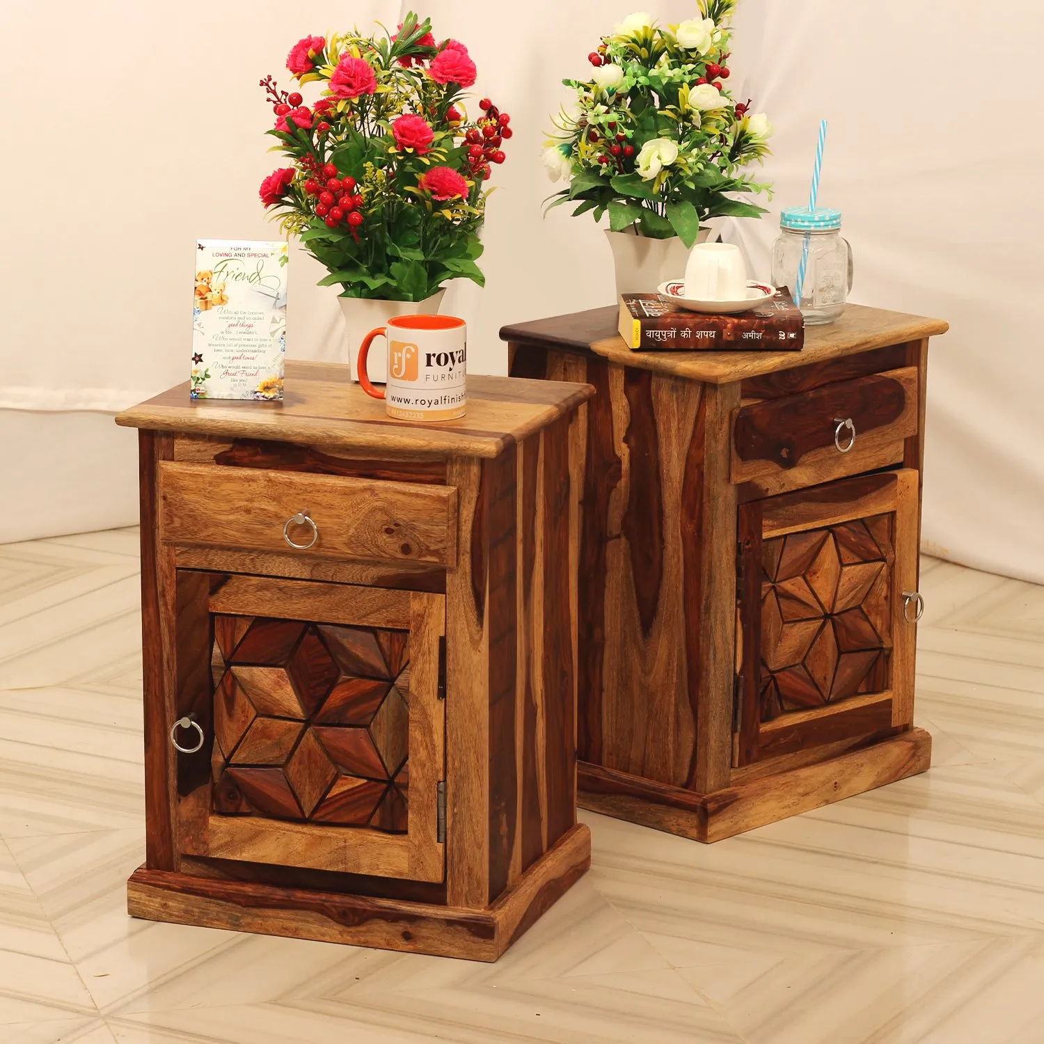 Royal Finish Neo Floresque Double Bedside Table In Furniture Sheesham Natural sheesham wood bed image 4