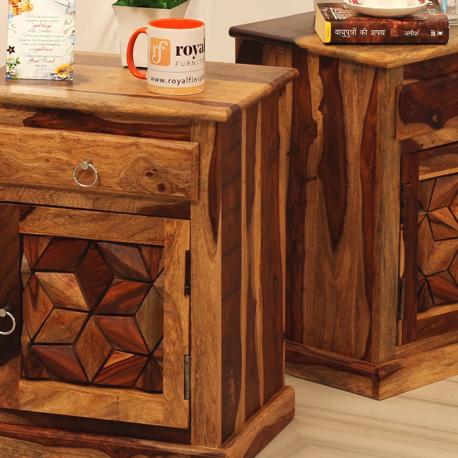 Royal Finish Neo Floresque Double Bedside Table In Furniture Sheesham Natural sheesham wood bed image 5
