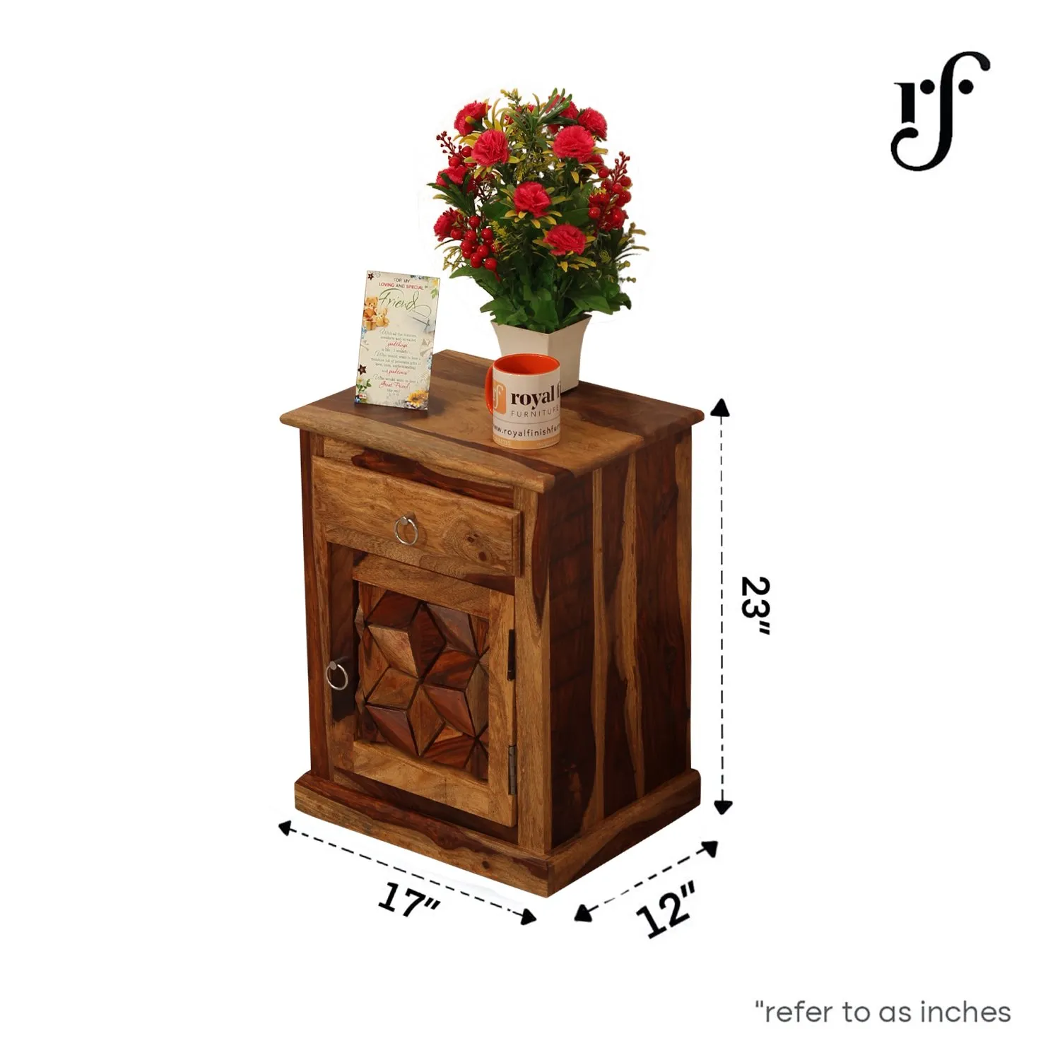 Royal Finish Neo Floresque Bedside Table In Furniture Sheesham Wood In Natural sheesham wood bed image 3