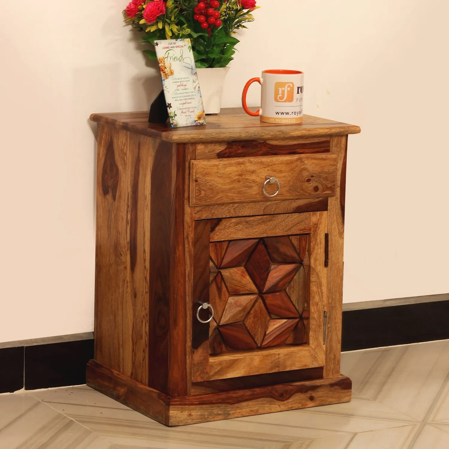 Royal Finish Neo Floresque Bedside Table In Furniture Sheesham Wood In Natural sheesham wood bed image 5