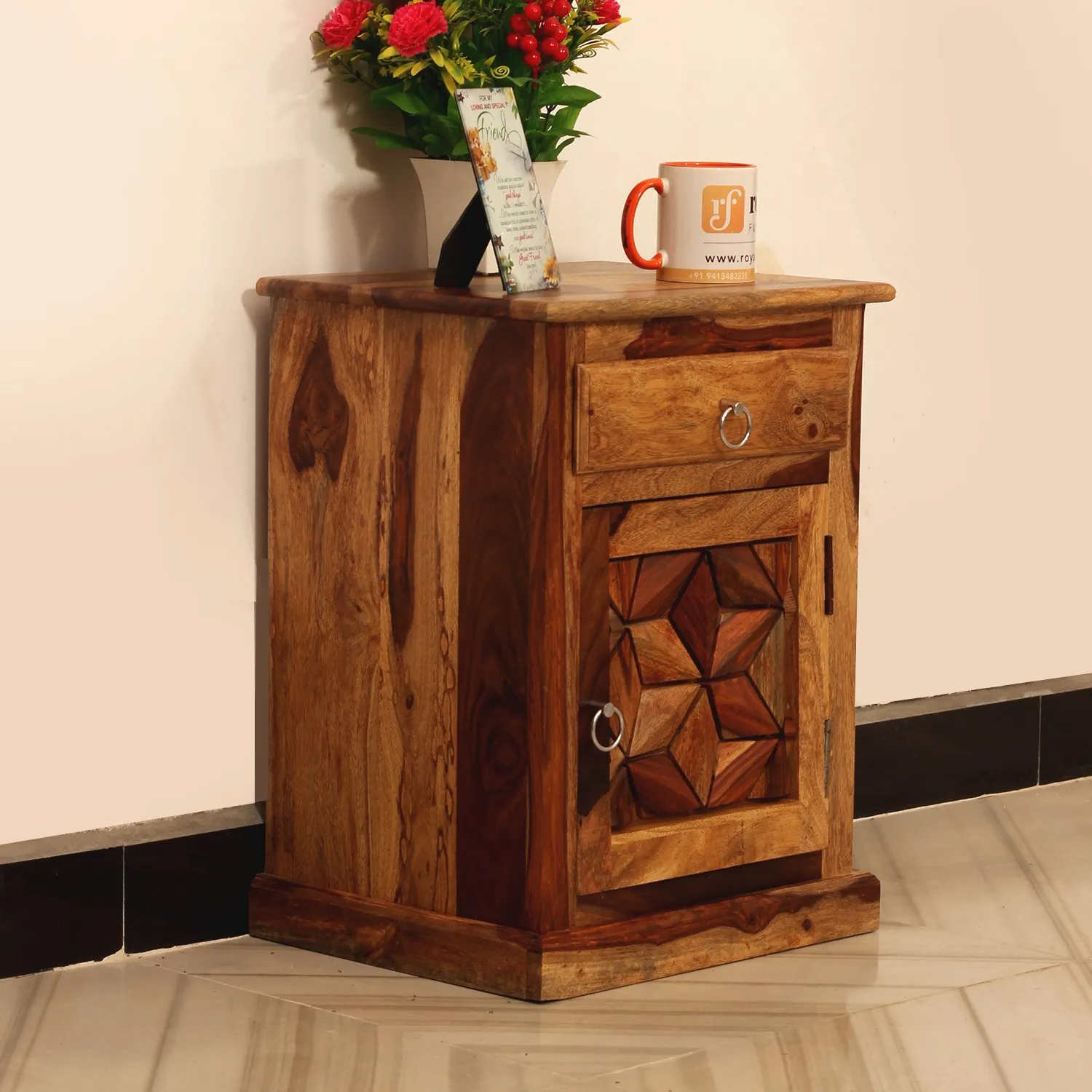 Royal Finish Neo Floresque Bedside Table In Furniture Sheesham Wood In Natural sheesham wood bed image 6