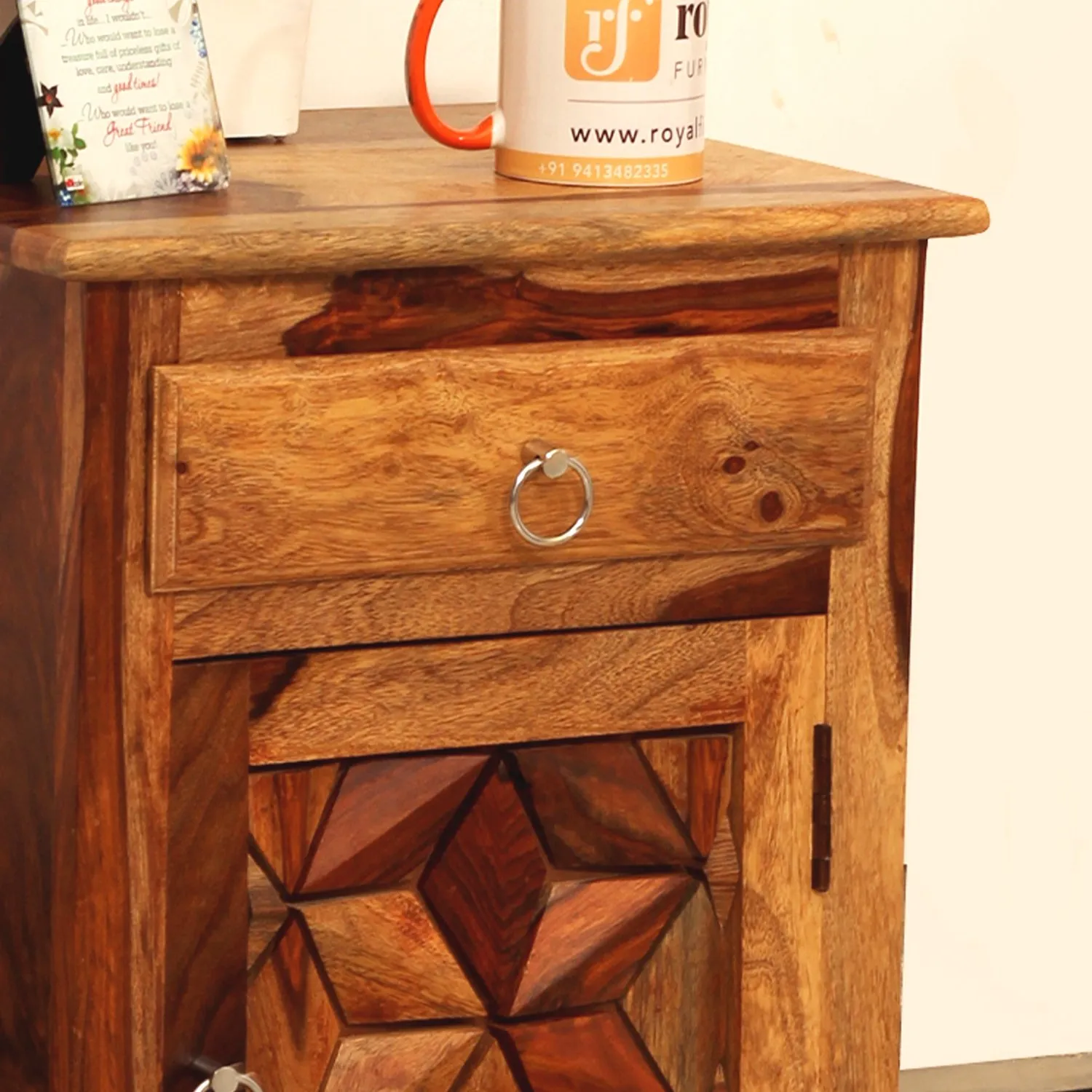 Royal Finish Neo Floresque Bedside Table In Furniture Sheesham Wood In Natural sheesham wood bed image 7